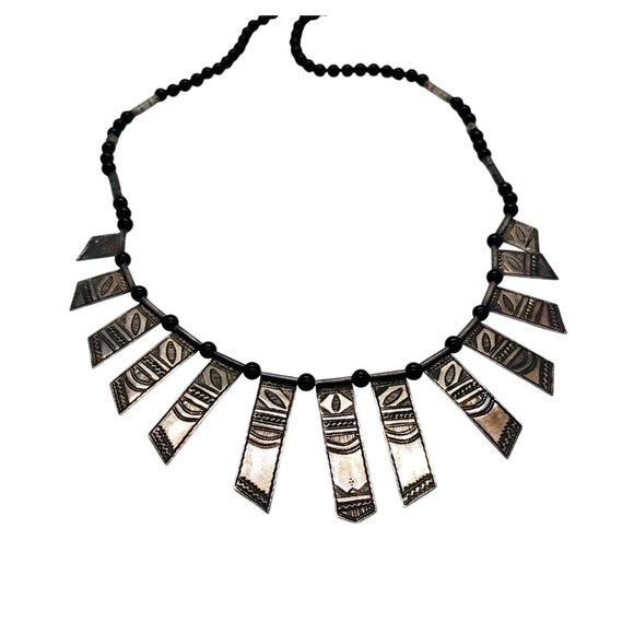 Vtg Tuareg Silver & Onyx African Celebra Necklace Agadez Berber Tribal Collar - Picture 2 of 9